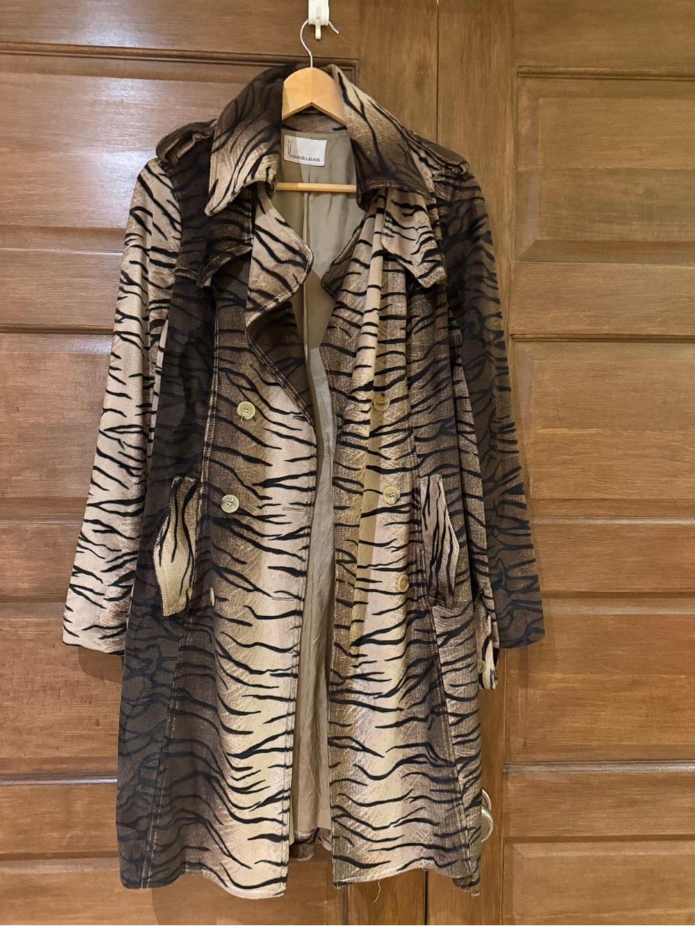 Animal-Print Velveteen Trench Coat in Beige and Black Tiger